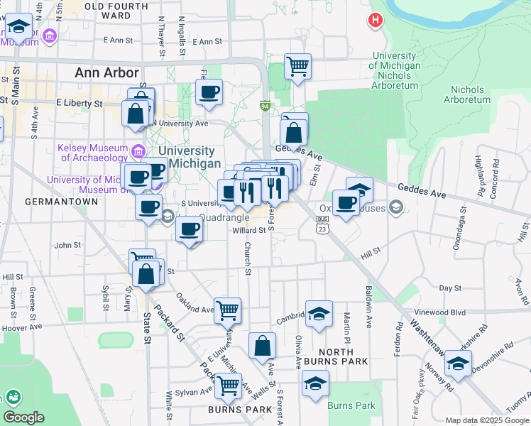 map of restaurants, bars, coffee shops, grocery stores, and more near 610 South Forest Avenue in Ann Arbor
