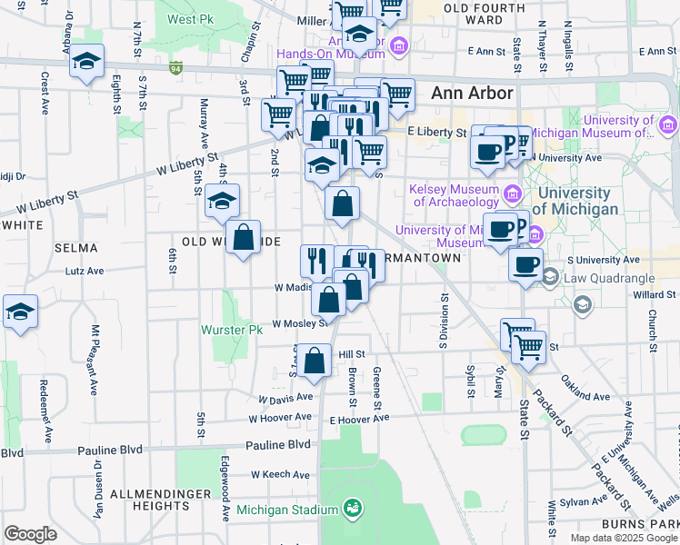 map of restaurants, bars, coffee shops, grocery stores, and more near 552 South Main Street in Ann Arbor