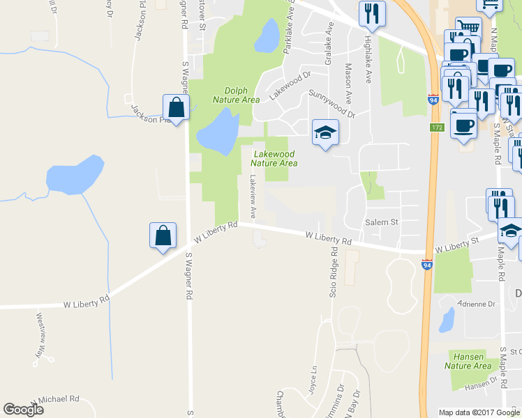 map of restaurants, bars, coffee shops, grocery stores, and more near 731 Lakeview Avenue in Ann Arbor