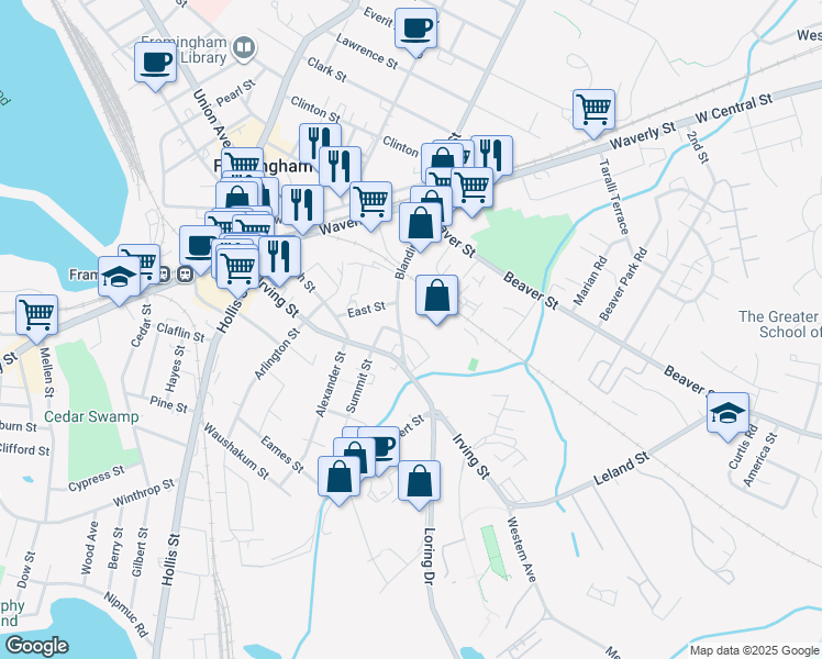 map of restaurants, bars, coffee shops, grocery stores, and more near 92 Blandin Avenue in Framingham