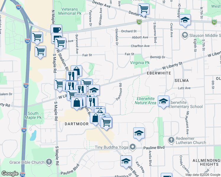 map of restaurants, bars, coffee shops, grocery stores, and more near 1936 Peppermill Way in Ann Arbor
