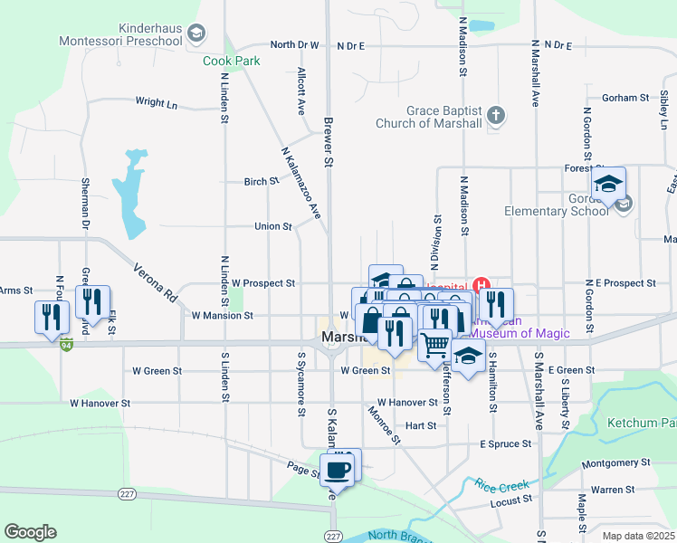 map of restaurants, bars, coffee shops, grocery stores, and more near 310 North Kalamazoo Avenue in Marshall