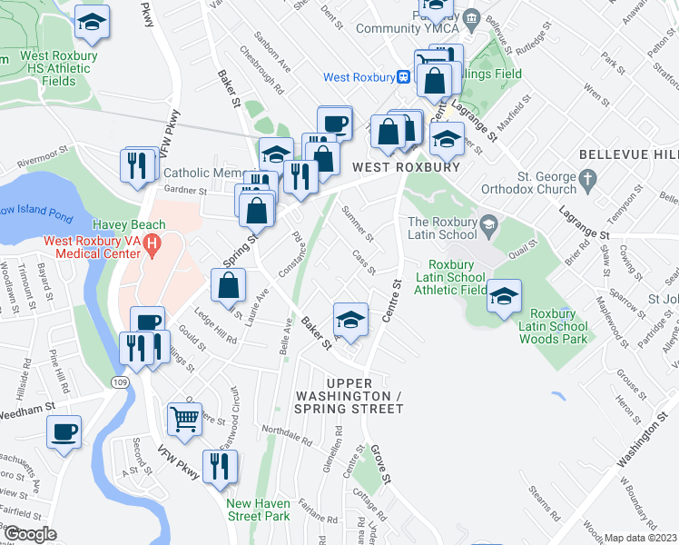 map of restaurants, bars, coffee shops, grocery stores, and more near 20 Birchland Terrace in Boston