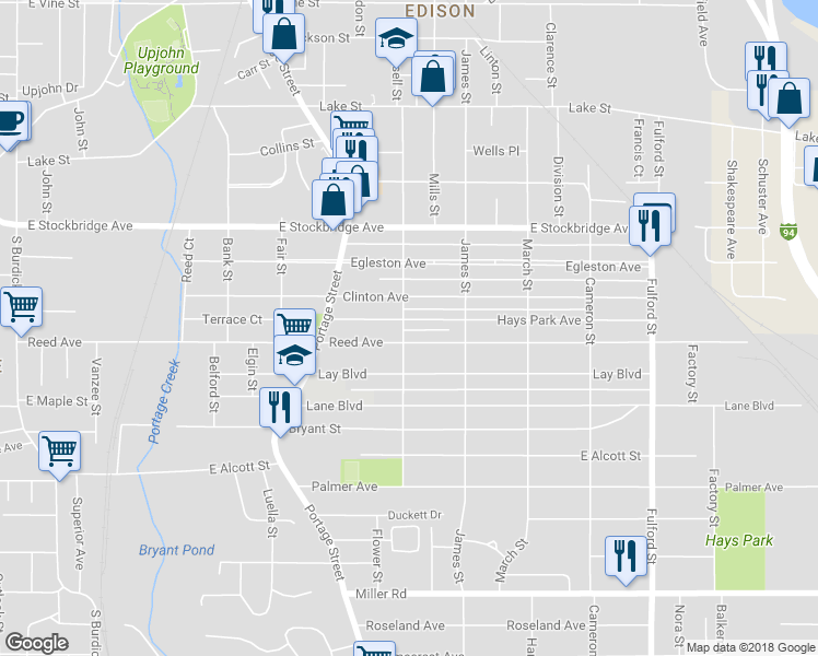 map of restaurants, bars, coffee shops, grocery stores, and more near 1707 Race Street in Kalamazoo
