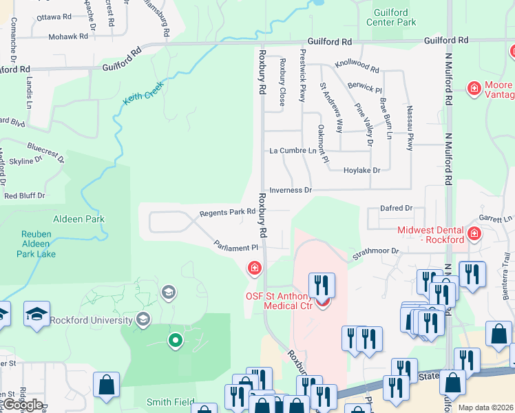 map of restaurants, bars, coffee shops, grocery stores, and more near 5332 Regents Park Road in Rockford
