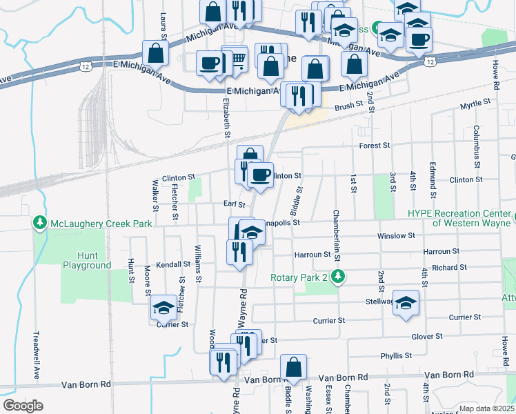 map of restaurants, bars, coffee shops, grocery stores, and more near 4459 South Wayne Road in Wayne