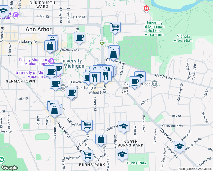 map of restaurants, bars, coffee shops, grocery stores, and more near 1300 South University Avenue in Ann Arbor