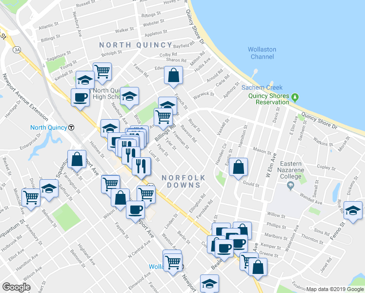 map of restaurants, bars, coffee shops, grocery stores, and more near 39 Freeman Street in Quincy