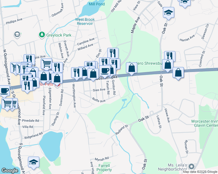 map of restaurants, bars, coffee shops, grocery stores, and more near 51 Sias Avenue in Shrewsbury