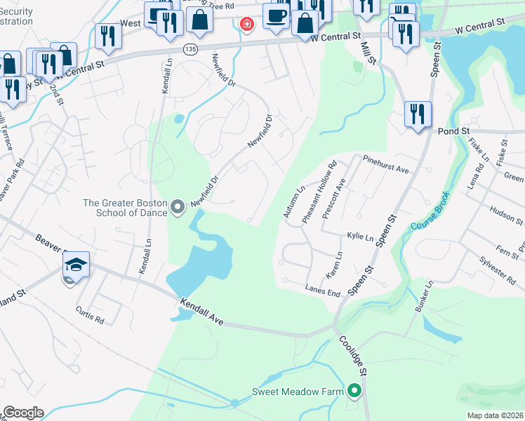 map of restaurants, bars, coffee shops, grocery stores, and more near 32 Walden Drive in Natick