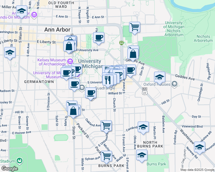 map of restaurants, bars, coffee shops, grocery stores, and more near 611 East University Avenue in Ann Arbor