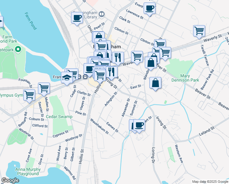 map of restaurants, bars, coffee shops, grocery stores, and more near 33 Arlington St in Framingham