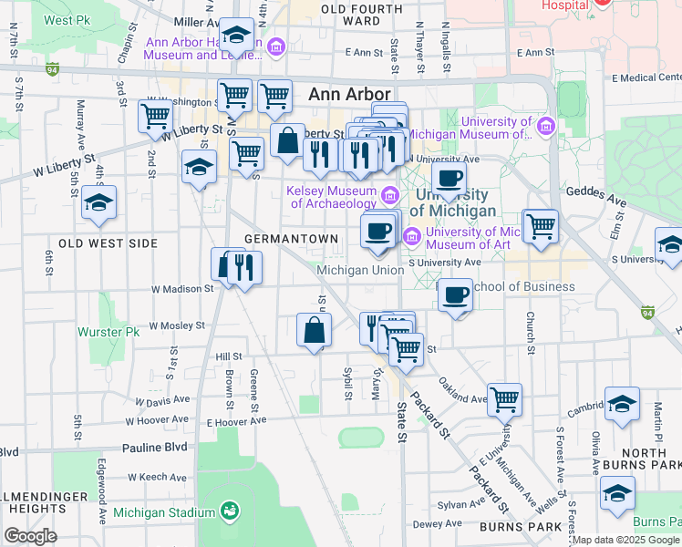 map of restaurants, bars, coffee shops, grocery stores, and more near 540 Thompson Street in Ann Arbor