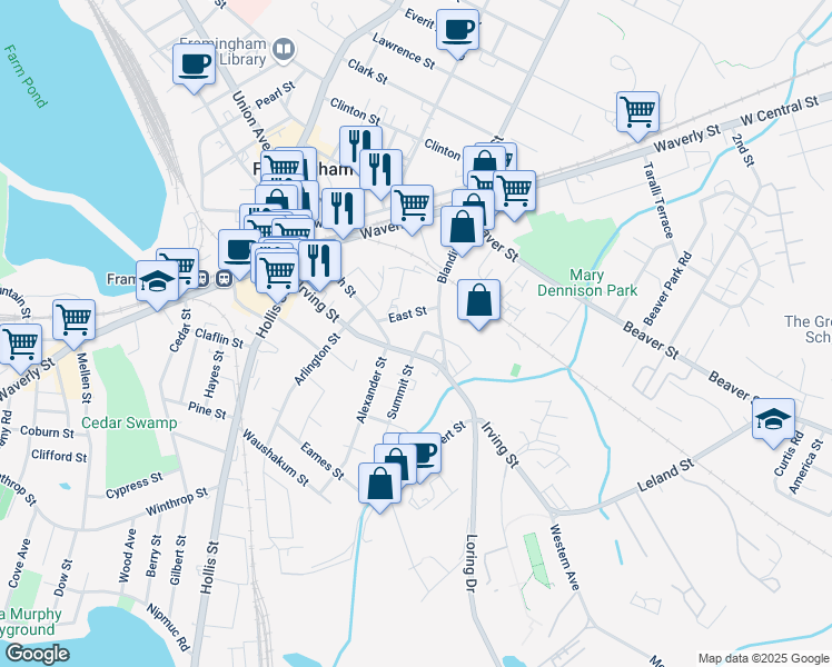 map of restaurants, bars, coffee shops, grocery stores, and more near 202C Irving Street in Framingham