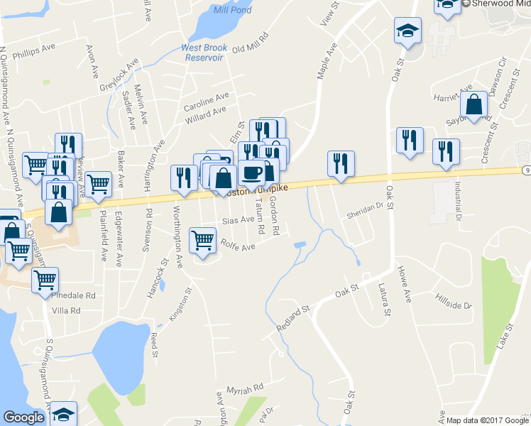 map of restaurants, bars, coffee shops, grocery stores, and more near 51 Sias Avenue in Shrewsbury