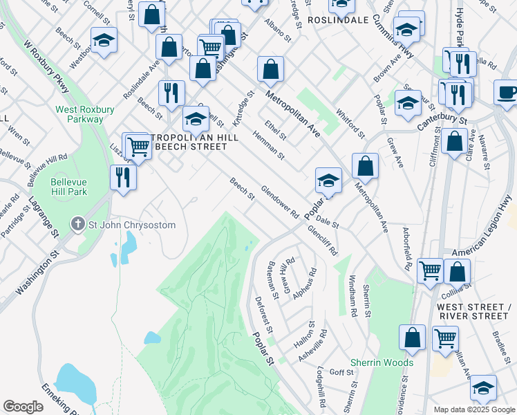 map of restaurants, bars, coffee shops, grocery stores, and more near 535 Beech Street in Boston