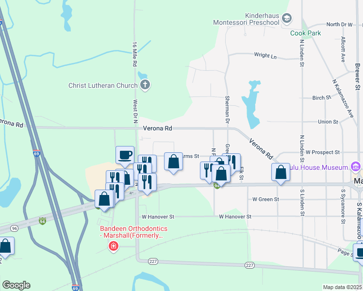 map of restaurants, bars, coffee shops, grocery stores, and more near 1150 Arms Street in Marshall