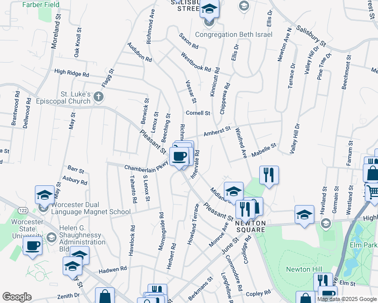 map of restaurants, bars, coffee shops, grocery stores, and more near 21 Intervale Road in Worcester