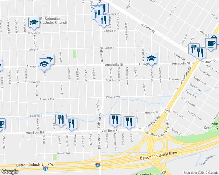 map of restaurants, bars, coffee shops, grocery stores, and more near 4956 Detroit Street in Dearborn Heights