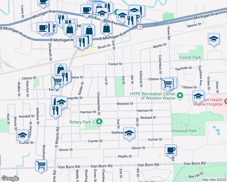map of restaurants, bars, coffee shops, grocery stores, and more near 4404 2nd Street in Wayne
