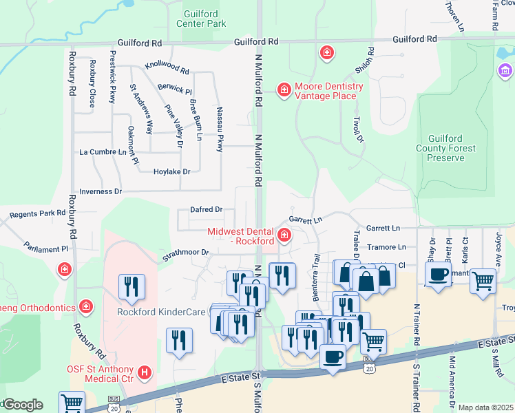 map of restaurants, bars, coffee shops, grocery stores, and more near 590 North Mulford Road in Rockford
