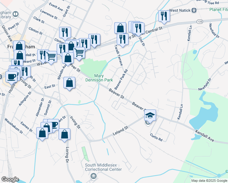 map of restaurants, bars, coffee shops, grocery stores, and more near 2 Beaver Park Road in Framingham