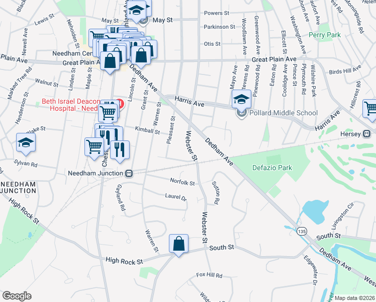 map of restaurants, bars, coffee shops, grocery stores, and more near 983 Webster Street in Needham
