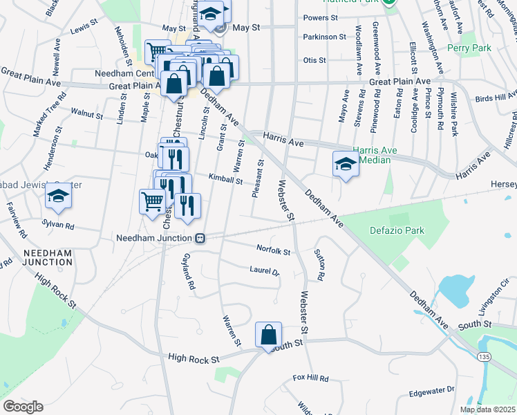 map of restaurants, bars, coffee shops, grocery stores, and more near 45 Howland Street in Needham