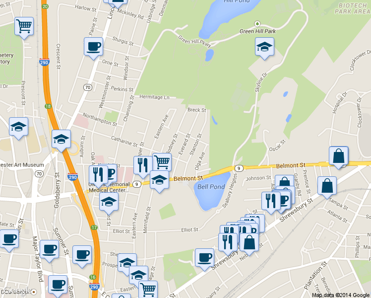map of restaurants, bars, coffee shops, grocery stores, and more near 38 Everard Street in Worcester