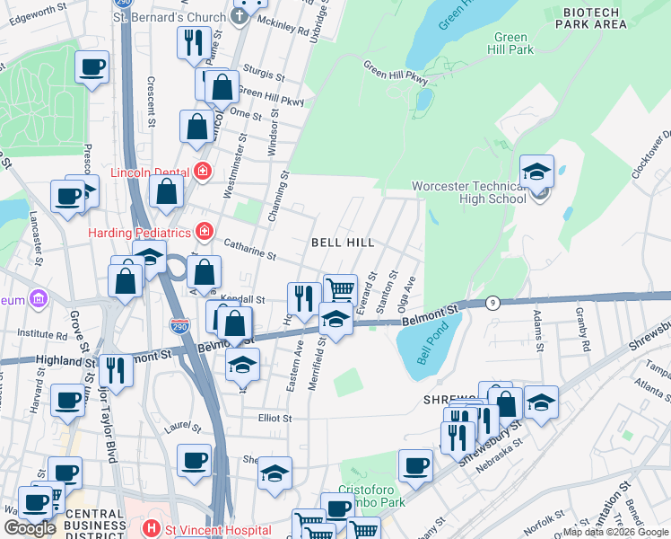 map of restaurants, bars, coffee shops, grocery stores, and more near 159 Eastern Avenue in Worcester