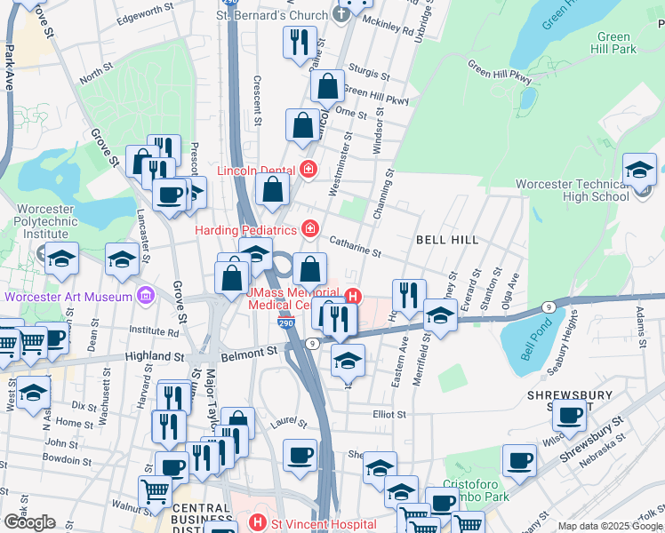map of restaurants, bars, coffee shops, grocery stores, and more near 38 Oak Avenue in Worcester