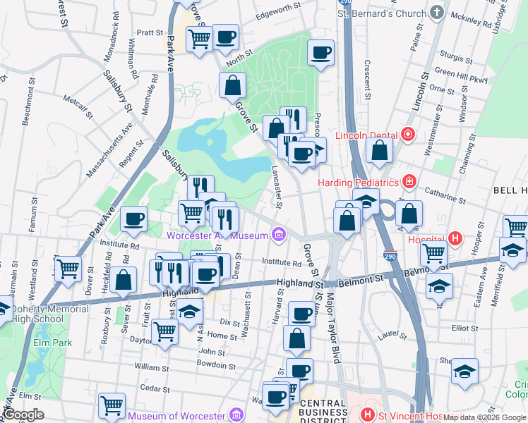 map of restaurants, bars, coffee shops, grocery stores, and more near 85 Salisbury Street in Worcester
