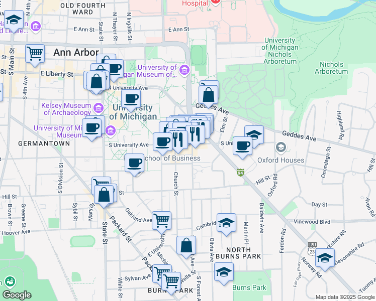 map of restaurants, bars, coffee shops, grocery stores, and more near 1300 South University Avenue in Ann Arbor