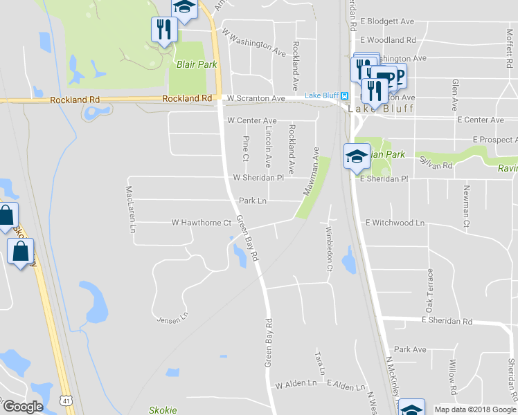 map of restaurants, bars, coffee shops, grocery stores, and more near 213 Park Lane in Lake Bluff