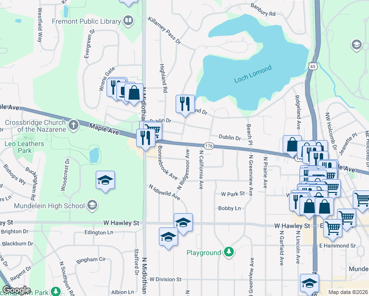 map of restaurants, bars, coffee shops, grocery stores, and more near 666 North Ridgemoor Avenue in Mundelein