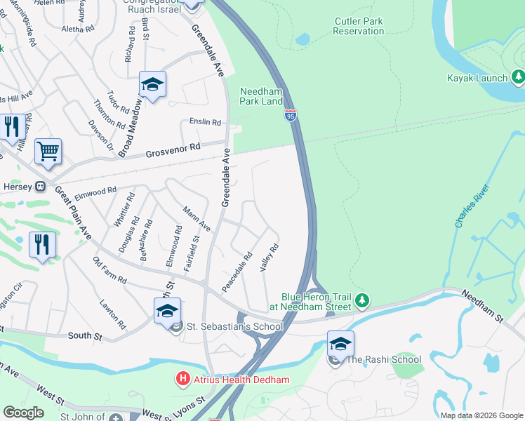 map of restaurants, bars, coffee shops, grocery stores, and more near 94 Valley Road in Needham