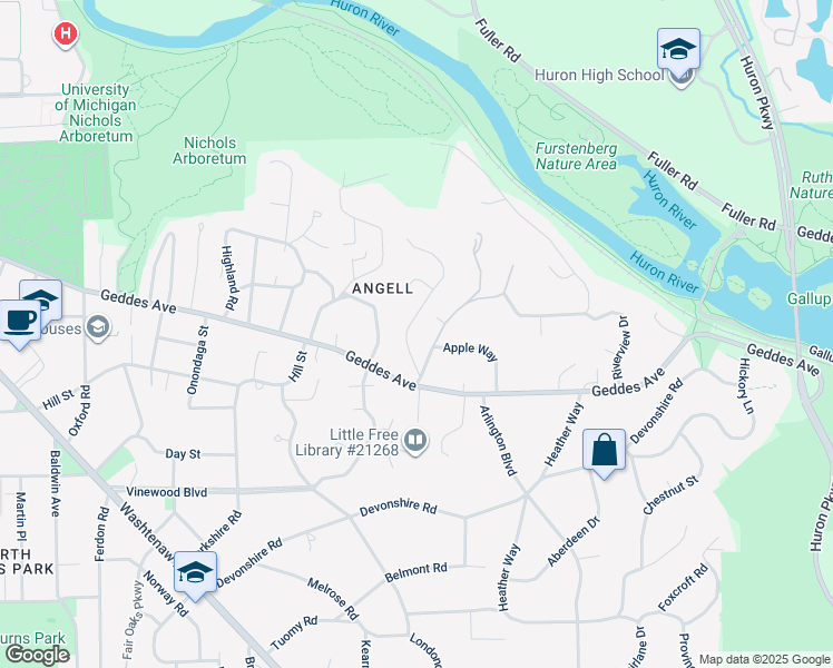 map of restaurants, bars, coffee shops, grocery stores, and more near 521 Rock Creek Drive in Ann Arbor