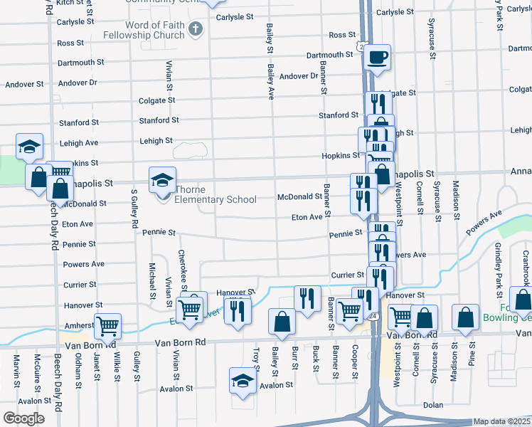 map of restaurants, bars, coffee shops, grocery stores, and more near 24624 Eton Avenue in Dearborn Heights