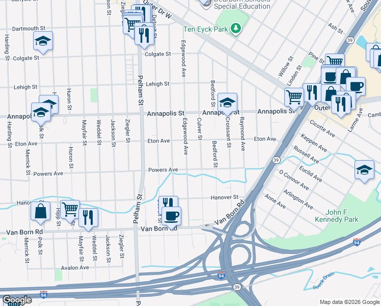 map of restaurants, bars, coffee shops, grocery stores, and more near 4957 Edgewood Street in Dearborn Heights
