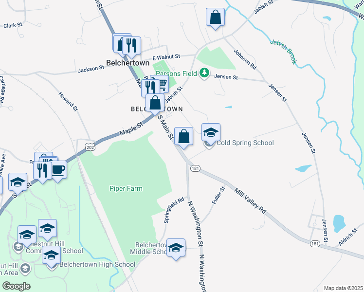 map of restaurants, bars, coffee shops, grocery stores, and more near 45 South Main Street in Belchertown