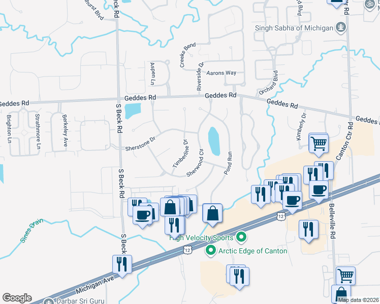 map of restaurants, bars, coffee shops, grocery stores, and more near 4345 Timberline Drive in Canton