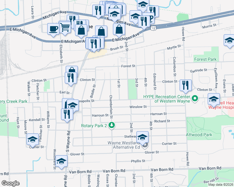 map of restaurants, bars, coffee shops, grocery stores, and more near 4470 1st Street in Wayne