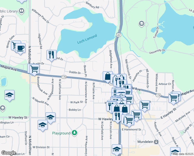 map of restaurants, bars, coffee shops, grocery stores, and more near 220 West Maple Avenue in Mundelein