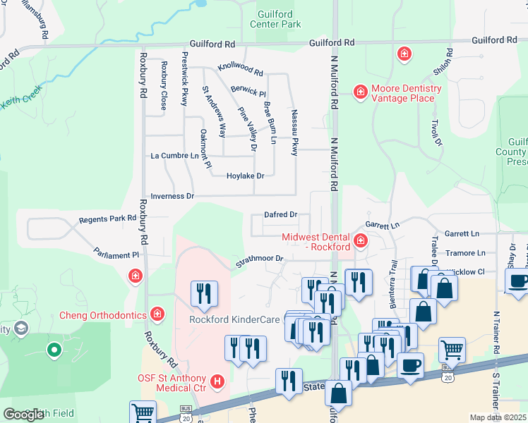 map of restaurants, bars, coffee shops, grocery stores, and more near 5810 Dafred Drive in Rockford