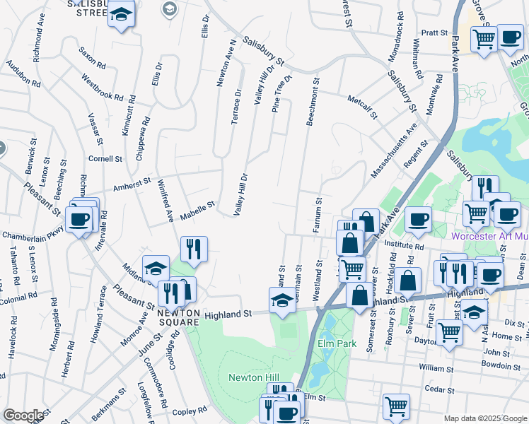 map of restaurants, bars, coffee shops, grocery stores, and more near 5 Howatson Way in Worcester