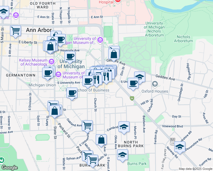 map of restaurants, bars, coffee shops, grocery stores, and more near 1300 South University Avenue in Ann Arbor