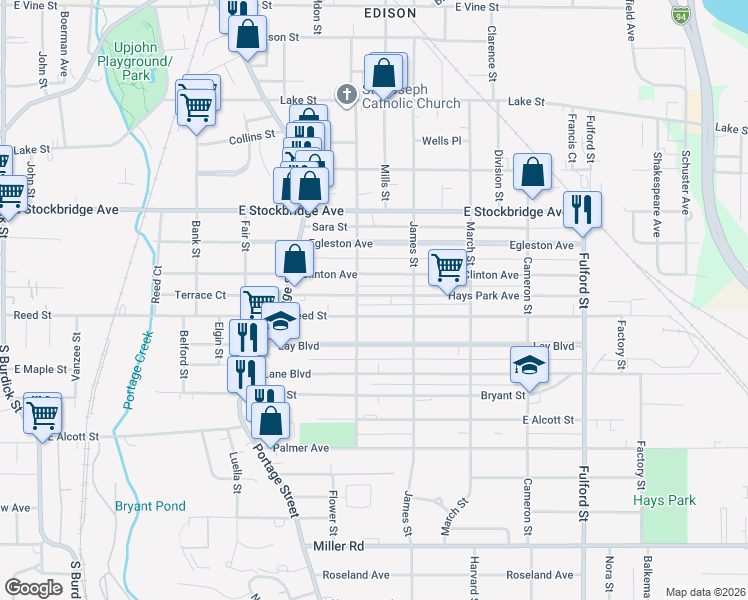 map of restaurants, bars, coffee shops, grocery stores, and more near 1707 Race Street in Kalamazoo