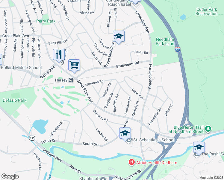 map of restaurants, bars, coffee shops, grocery stores, and more near 66 Douglas Road in Needham