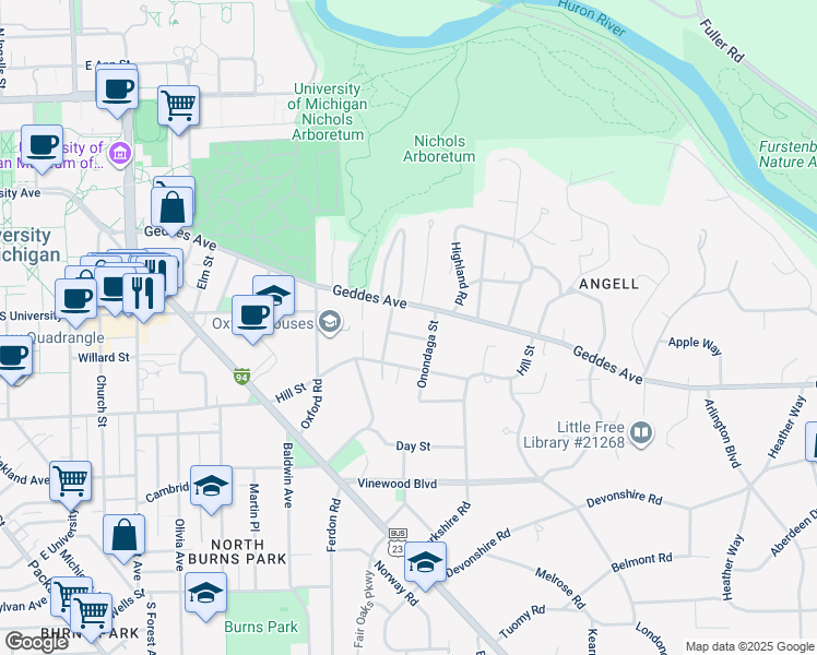 map of restaurants, bars, coffee shops, grocery stores, and more near 2019 Seneca Avenue in Ann Arbor