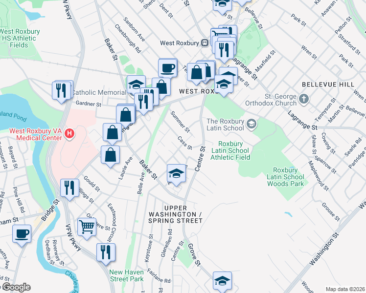 map of restaurants, bars, coffee shops, grocery stores, and more near 93 Cass Street in Boston